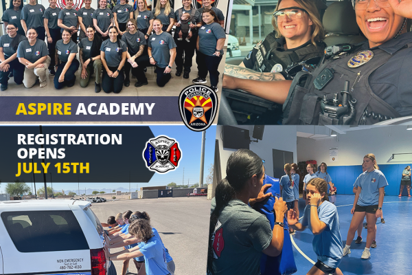 Police and Fire Aspire Youth Academy four panel event pictures with youth and staff.