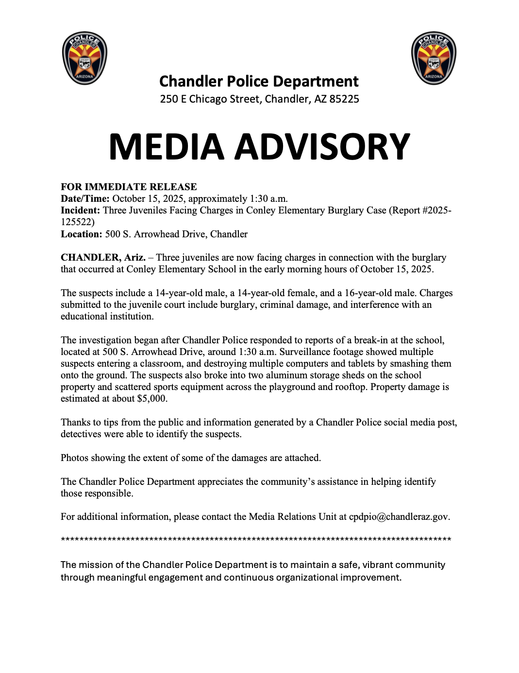 Conley Elementary Vandalism 2025 - Media Advisory